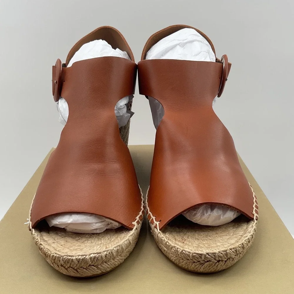 Via‎ Spiga Tan Brown Leather Espadrille Wedge Sandals Platform Buckle Open Toe